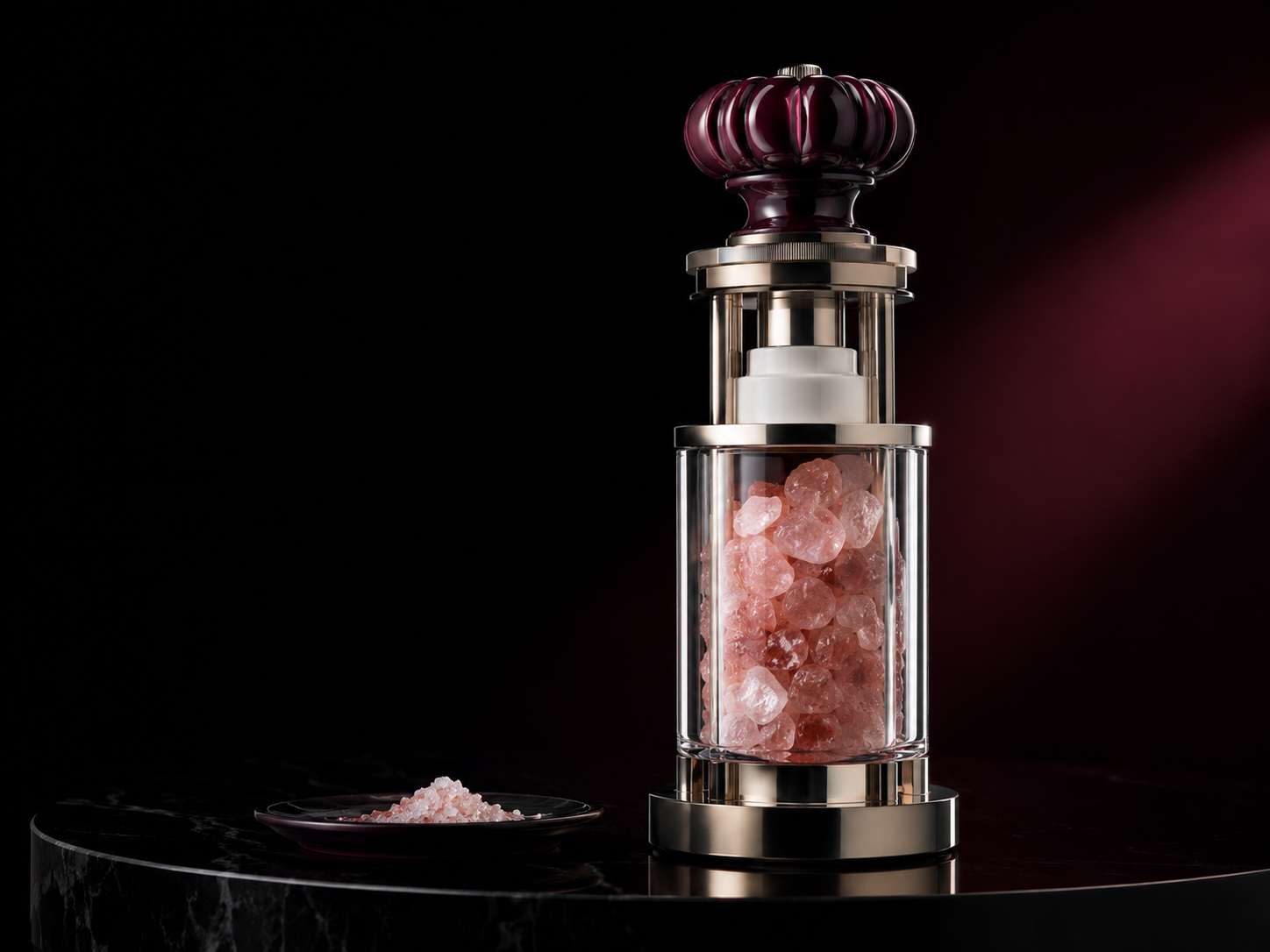Tall crystal crusher with glass chamber of pink salt, champagne-metal frame and black-cherry handle