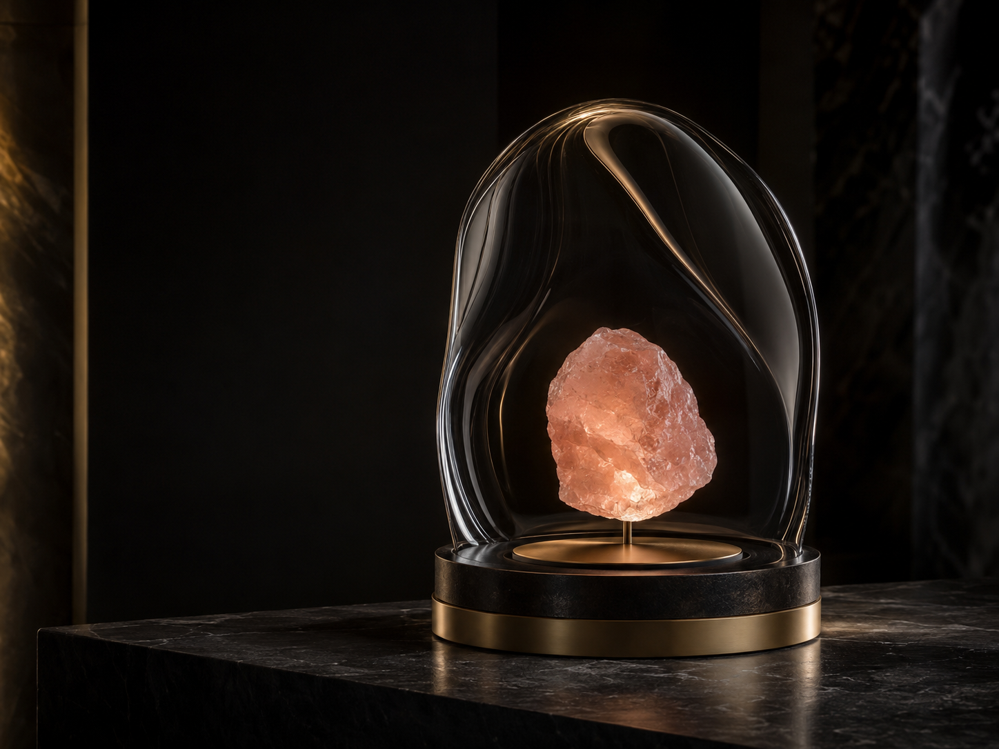 Raw pink salt crystal suspended under an undulating glass dome on a champagne-metal base