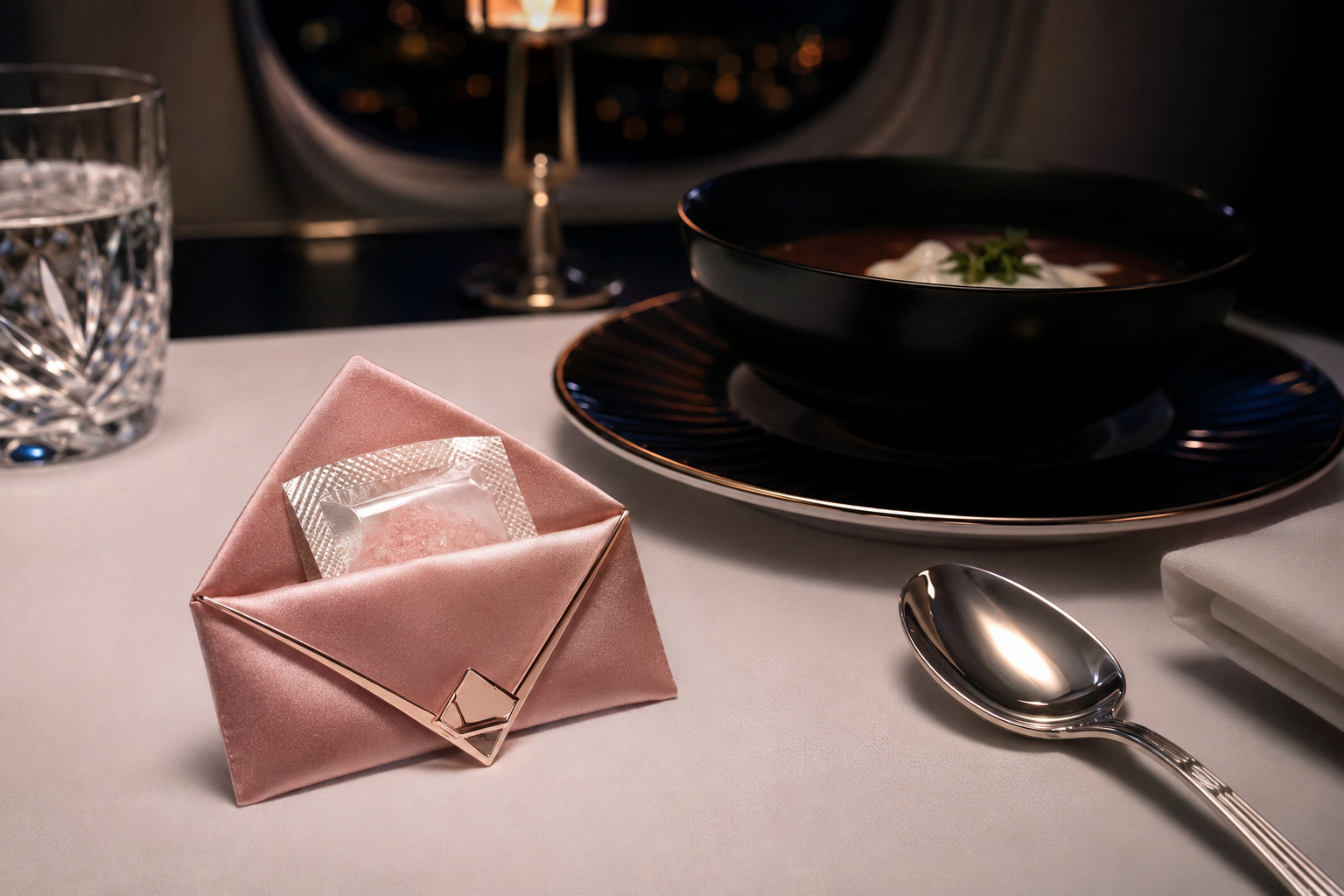 Satin salt presentation at a darkened first-class or private dining table